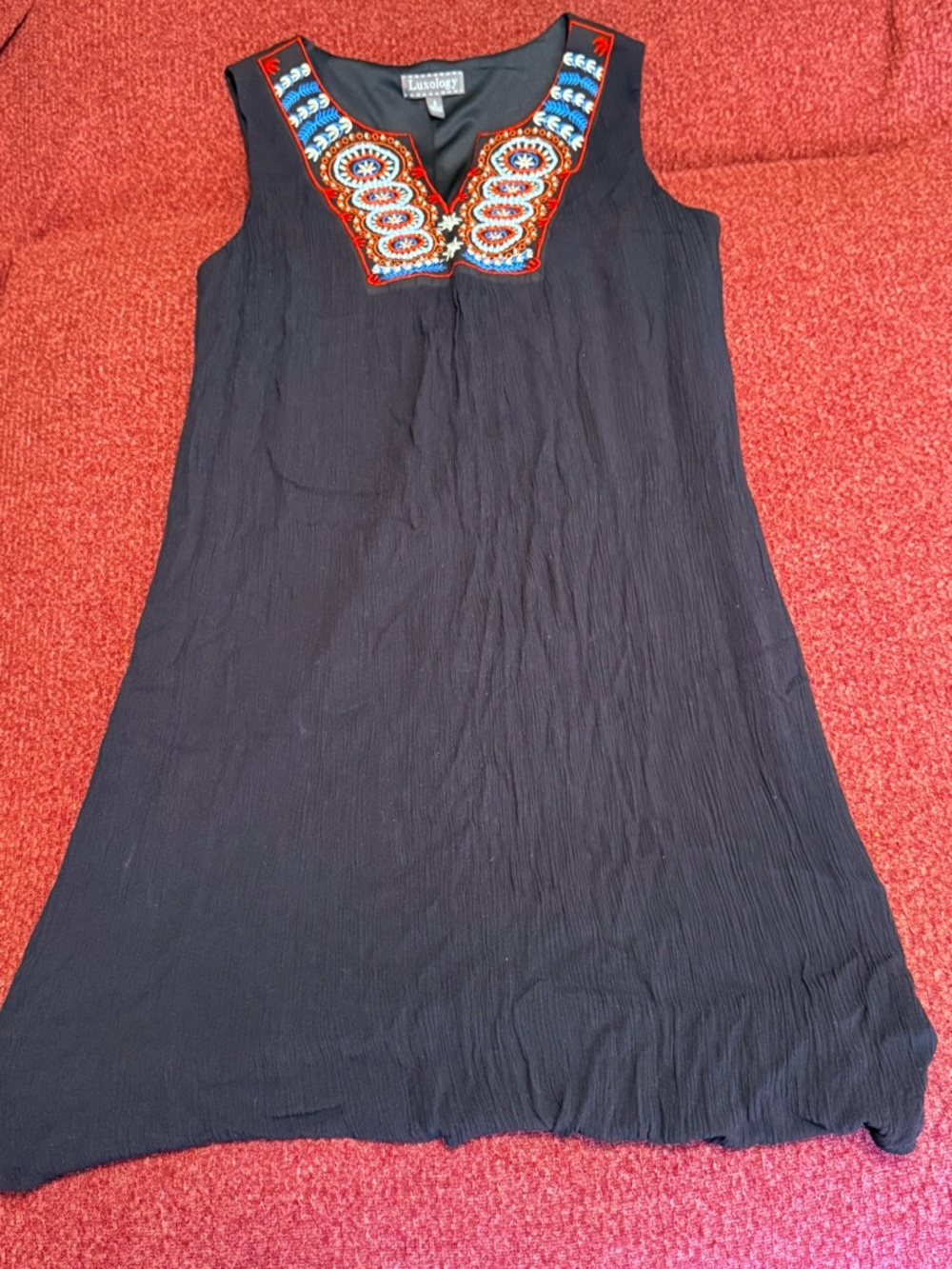 Boho Embroidered Rayon Shift Dress Black Festival Resort A-Line 8 Summer EUC